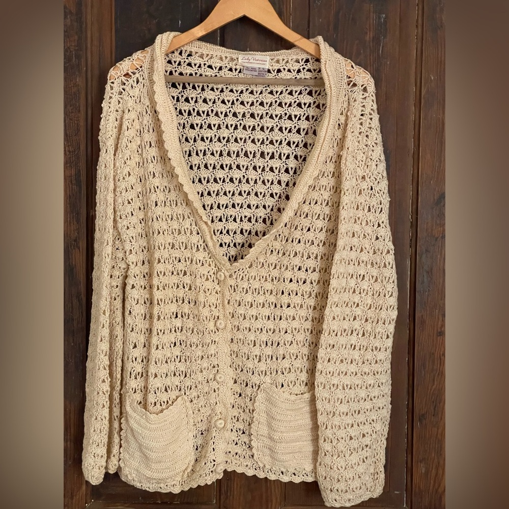 VTG  90s Lady Victoria Grannycore FAIRY COTTAGE L Crocheted Cardigan Cream Ivory